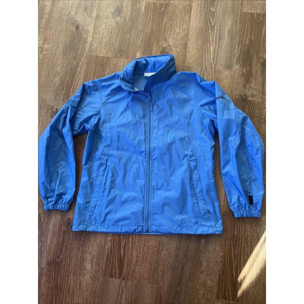 COLUMBIA ~ Womens‎ L~ Blue Full Zip PACKABLE Hooded Wind Jacket Shell